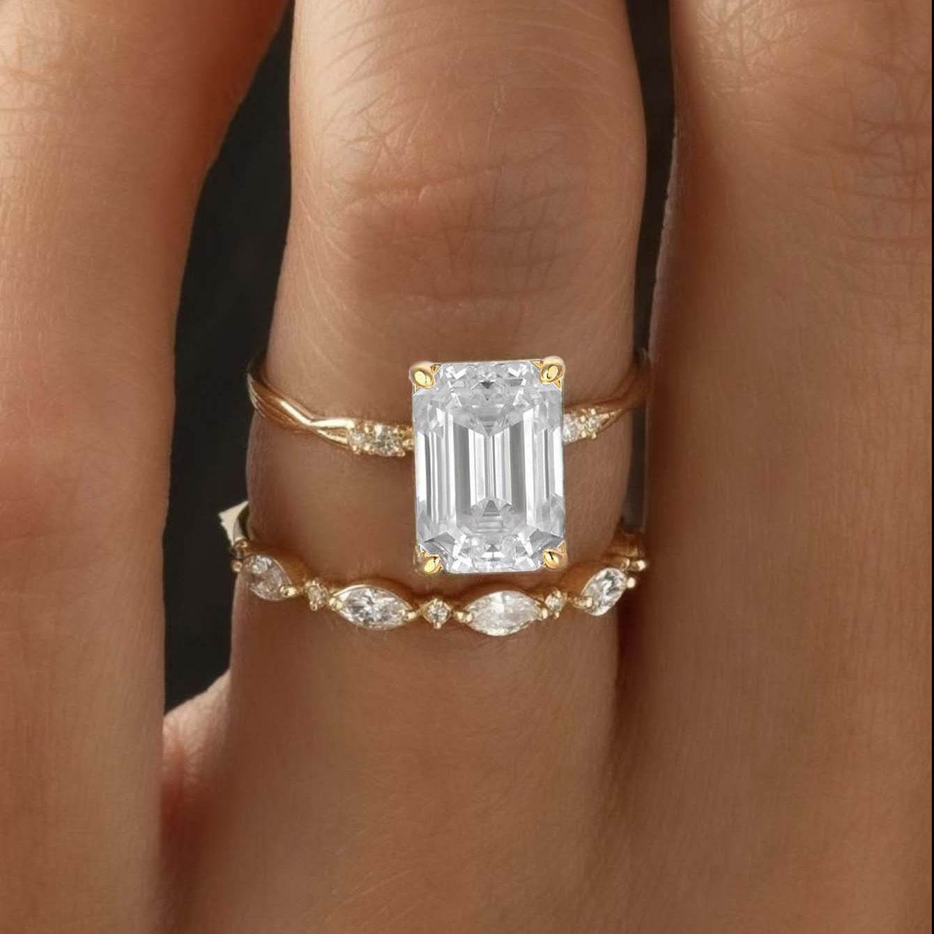 S925 Silver Two-Piece Set Moissanite Ring with 3.5ct Center Stone Exquisite Stacking Wedding - MOWTE