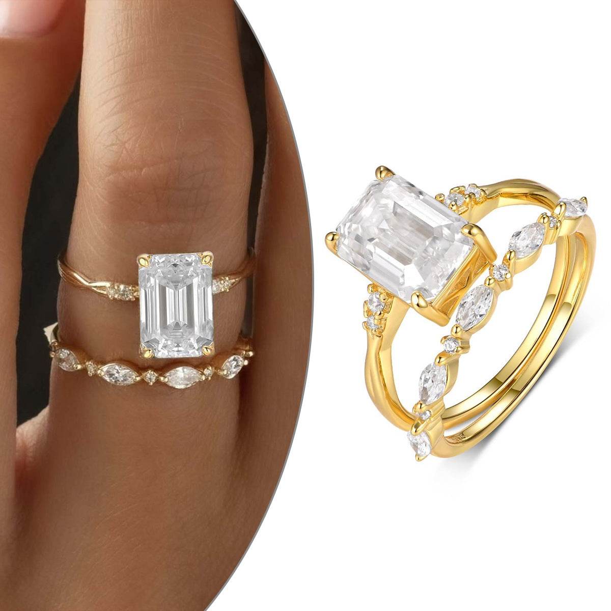 S925 Silver Two-Piece Set Moissanite Ring with 3.5ct Center Stone Exquisite Stacking Wedding - MOWTE