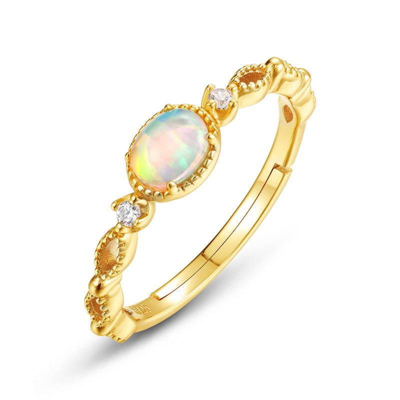 Hollow out iridescent synthetic Opal ring for women S925 pure silver gold-plated versatile layered ring niche - MOWTE