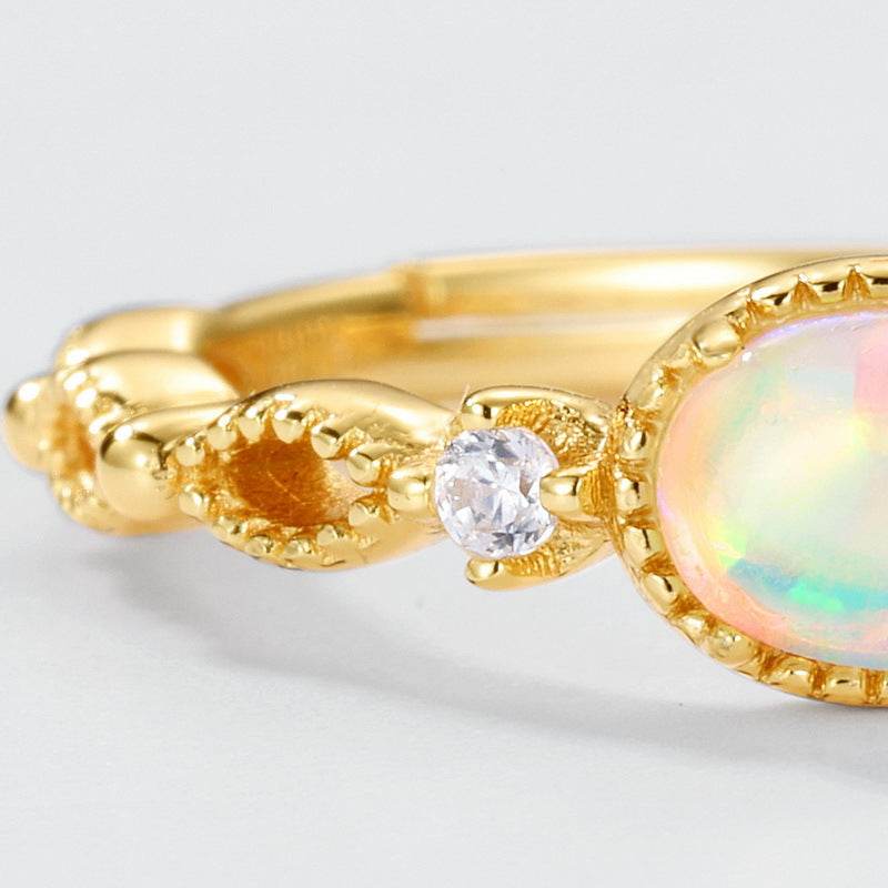 Hollow out iridescent synthetic Opal ring for women S925 pure silver gold-plated versatile layered ring niche - MOWTE