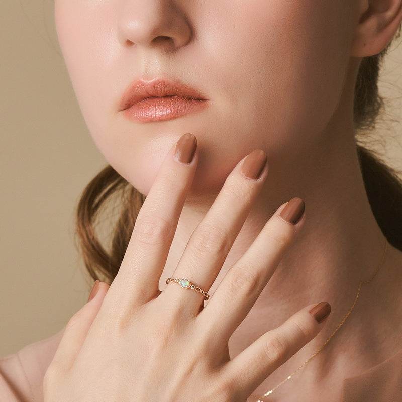 Hollow out iridescent synthetic Opal ring for women S925 pure silver gold-plated versatile layered ring niche - MOWTE