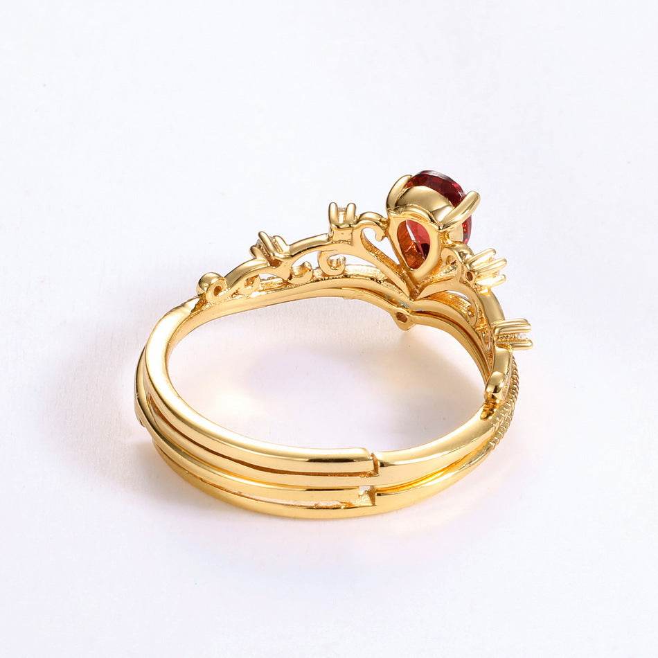 14K gold-plated palace retro Japanese ring women's garnet open crown ring niche simple original design - MOWTE