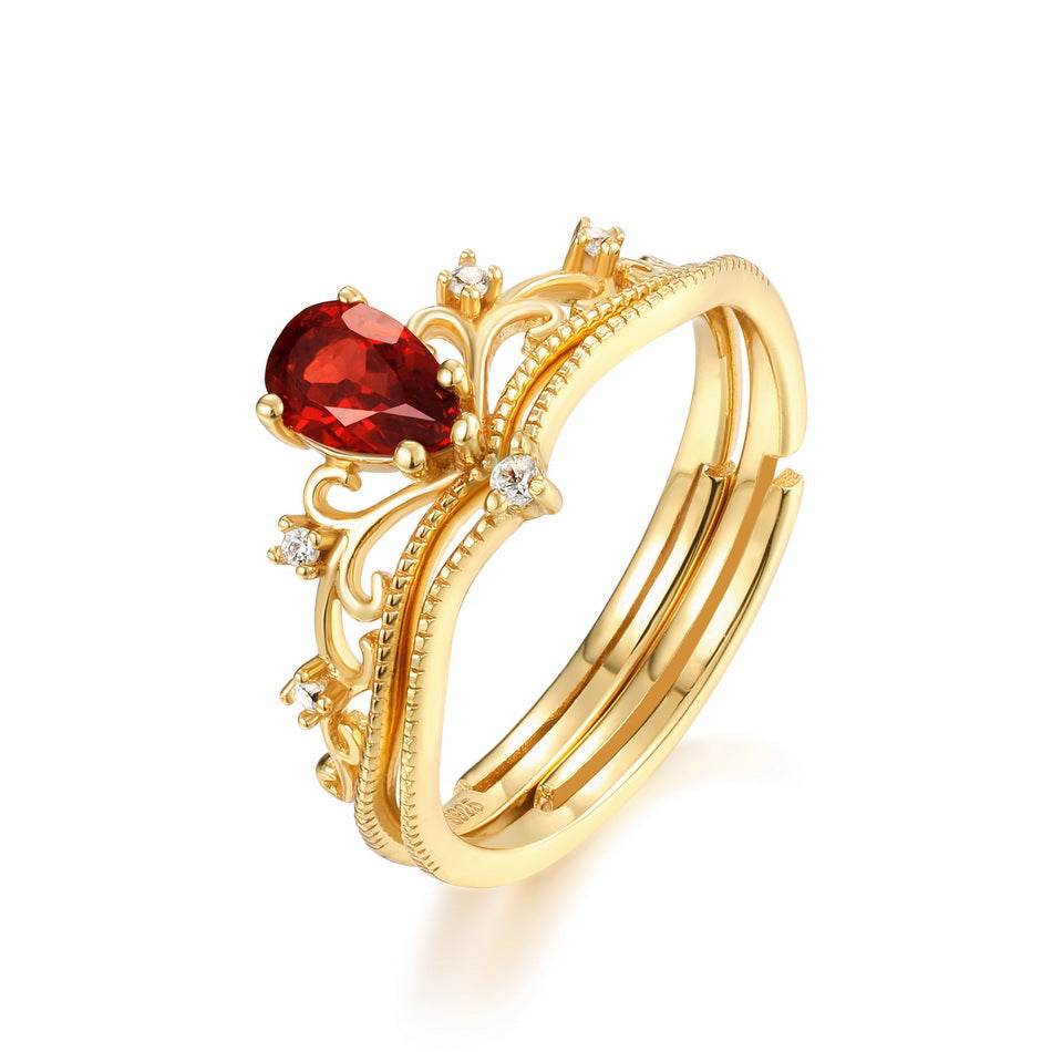 14K gold-plated palace retro Japanese ring women's garnet open crown ring niche simple original design - MOWTE