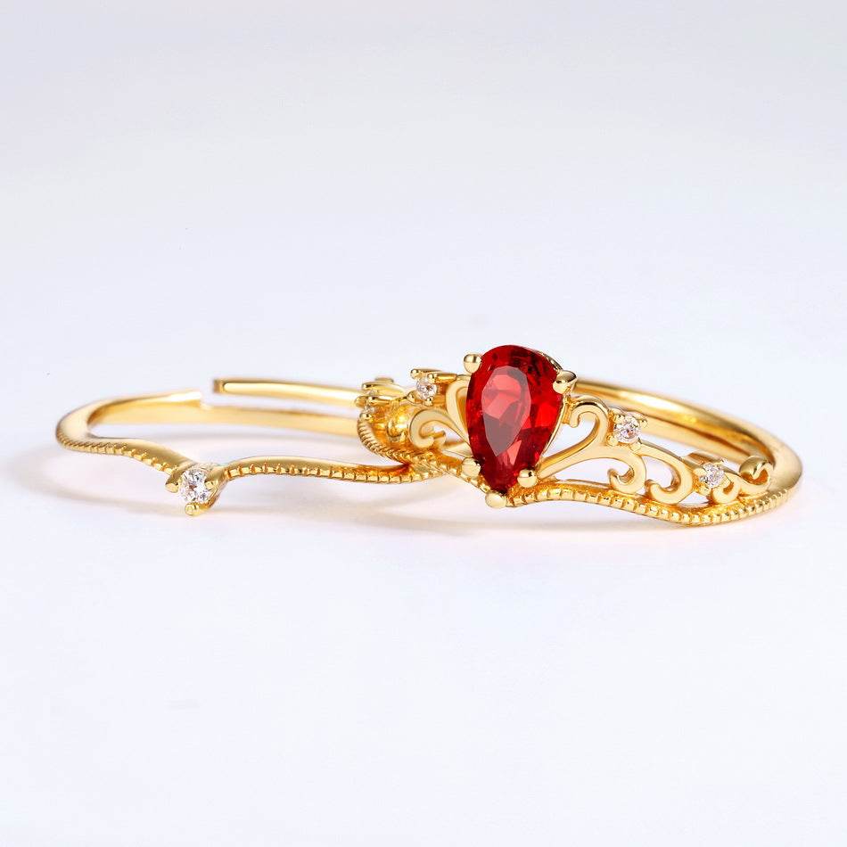 14K gold-plated palace retro Japanese ring women's garnet open crown ring niche simple original design - MOWTE