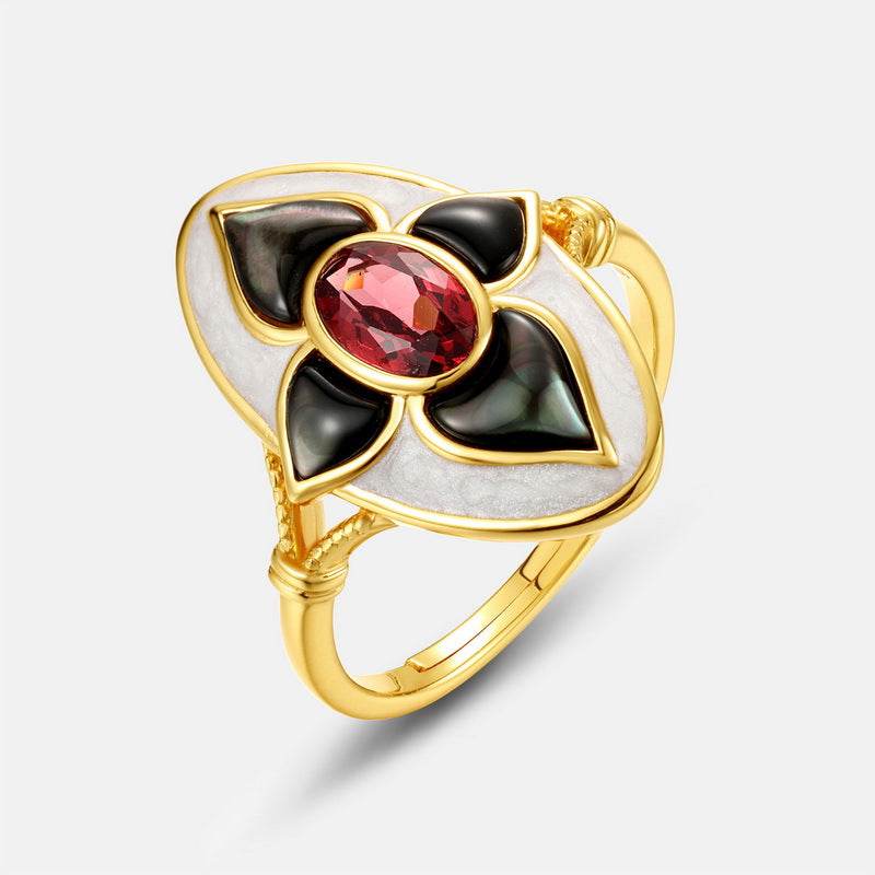 Shell red garnet ring for women 925 sterling silver enamel ring - MOWTE