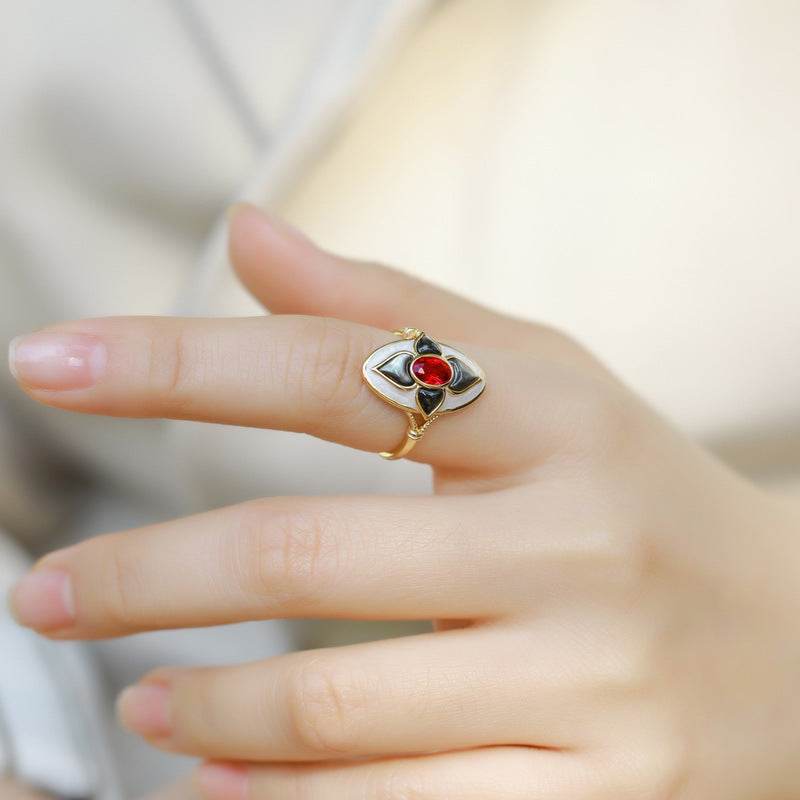 Shell red garnet ring for women 925 sterling silver enamel ring - MOWTE