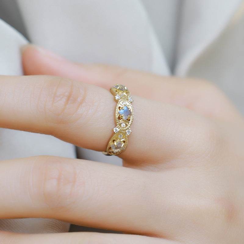 Light luxury carved hollow natural elongated stone ring S925 silver plated 10K gold ring - MOWTE
