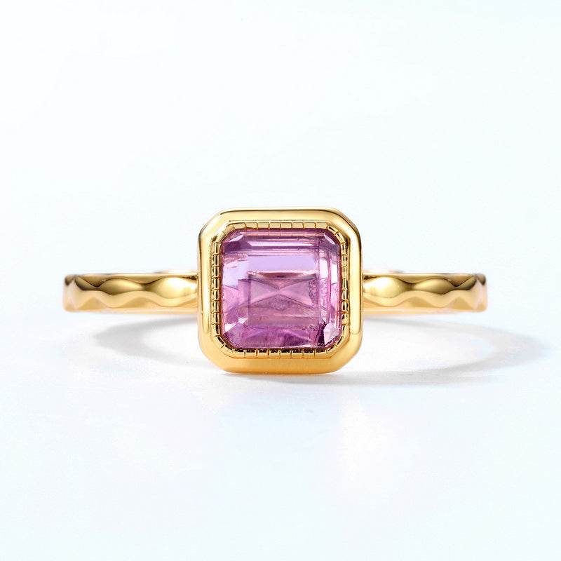 Luxury Princess Natural Amethyst Open Ring Women's S 925 Silver Gold Plated Geometric Ring Exquisite Silver Jewelry - MOWTE