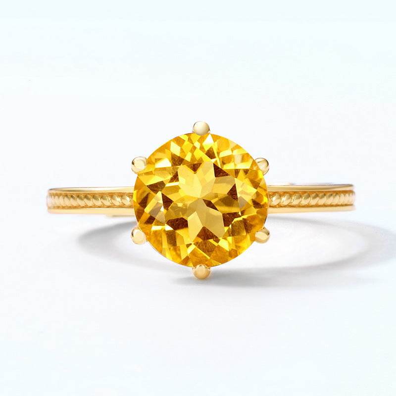 Round Natural Citrine Gold-Plated Ring Simple S925 Sterling Silver Geometric Band - MOWTE