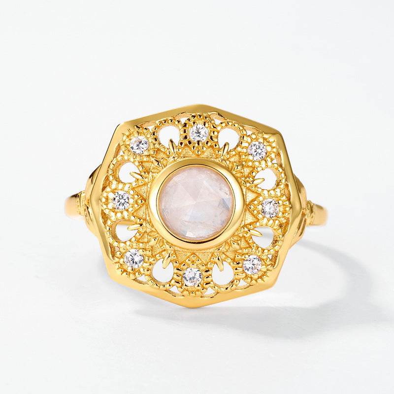 Exquisite 925 sterling silver gold-plated ring made of natural moonstone - MOWTE