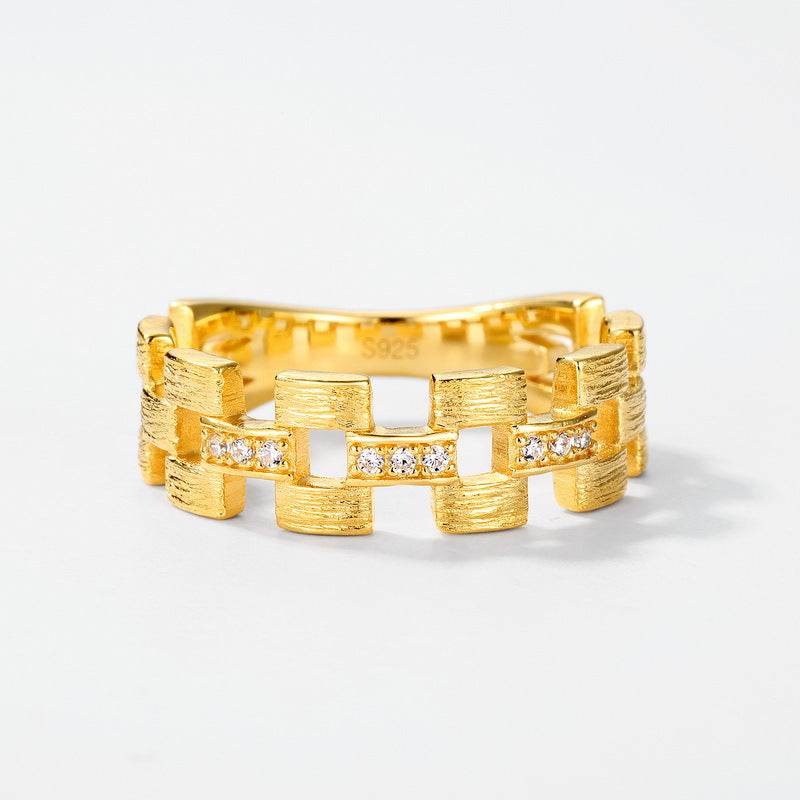 Square ring light luxury retro S925 pure silver gold-plated band niche design - MOWTE