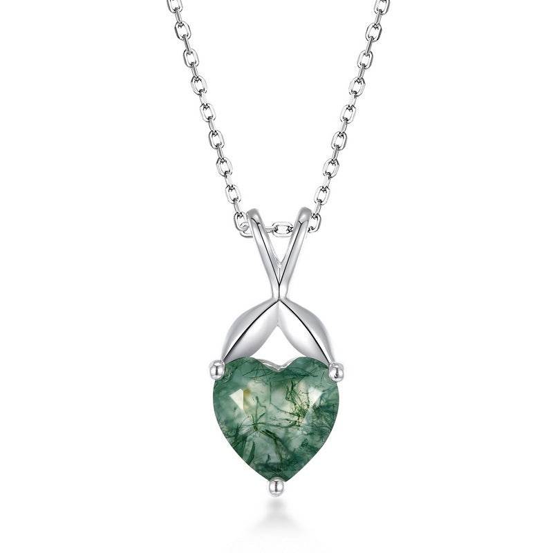 New heart-shaped green moss stone pendant collarbone chain S925 pure silver gold-plated necklace - MOWTE