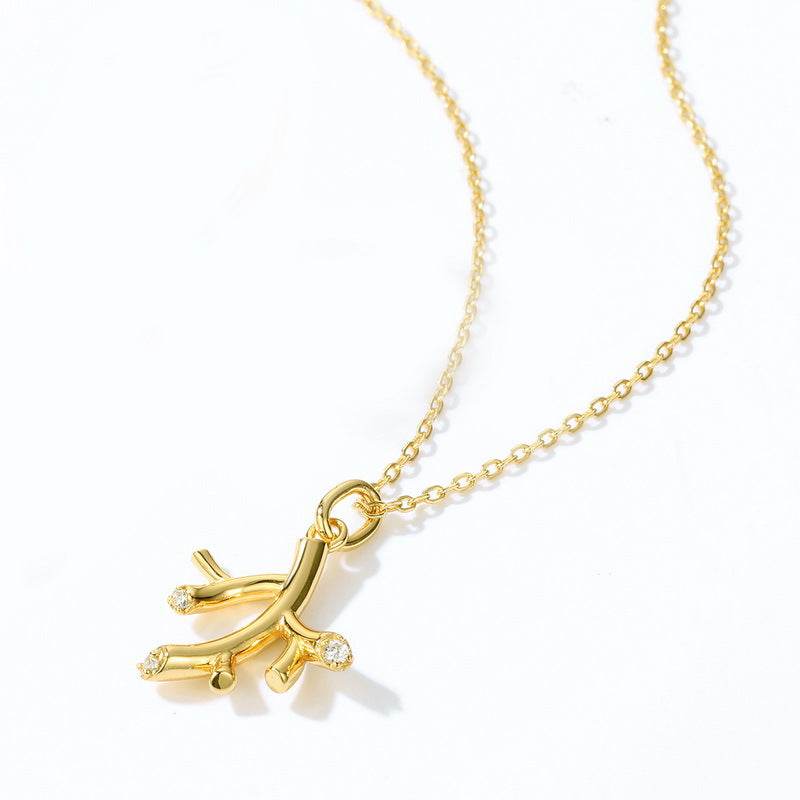 White Zirconia Pendant Female Geometric Branch 925 Silver Gold Plated Necklace - MOWTE