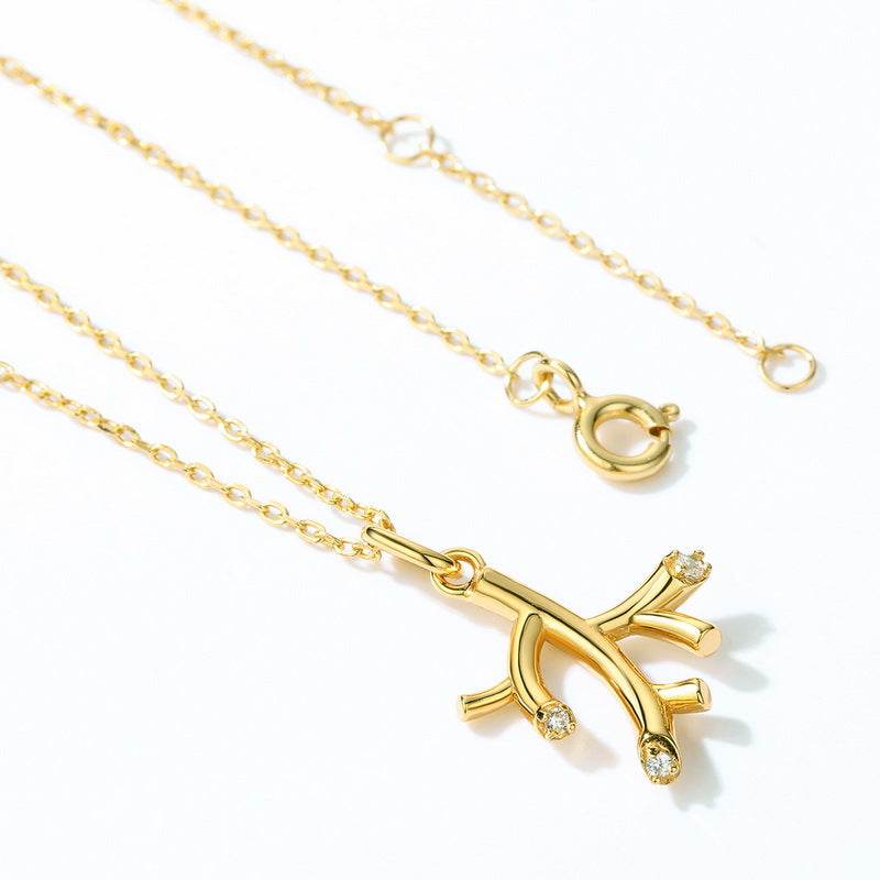 White Zirconia Pendant Female Geometric Branch 925 Silver Gold Plated Necklace - MOWTE