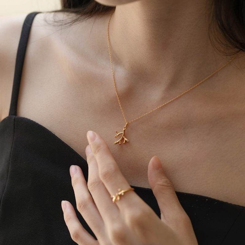 White Zirconia Pendant Female Geometric Branch 925 Silver Gold Plated Necklace - MOWTE