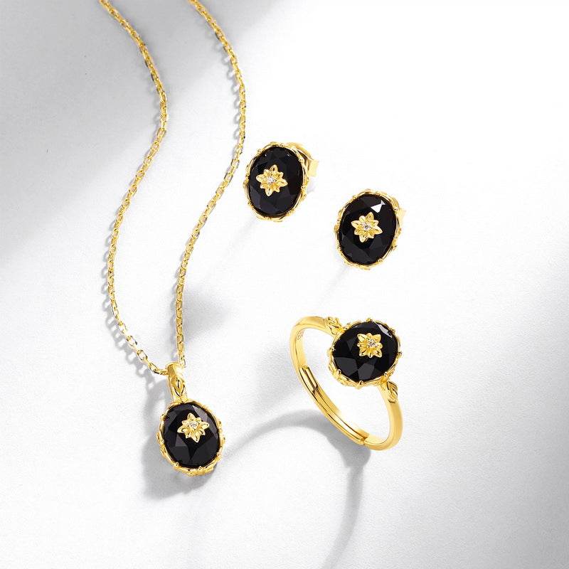 Retro luxury black agate pendant court style S925 pure silver gold-plated flower necklace - MOWTE