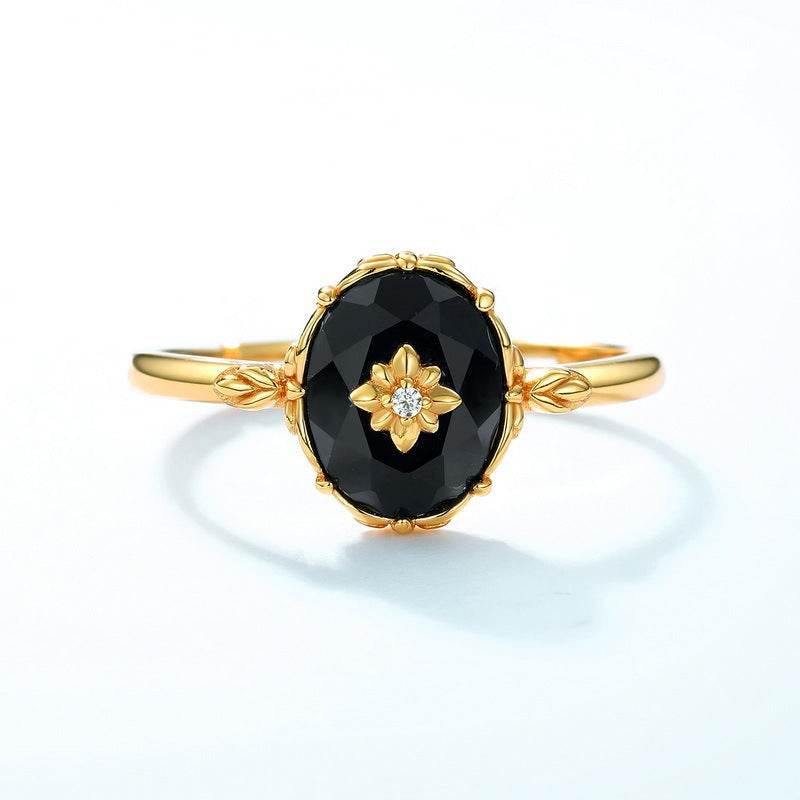 Popular black agate ring with retro pattern S925 sterling silver ring - MOWTE
