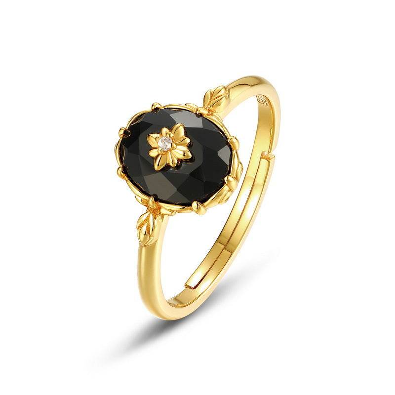 Popular black agate ring with retro pattern S925 sterling silver ring - MOWTE