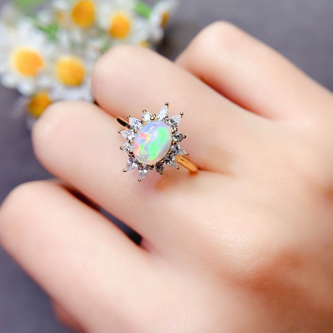 S925 pure silver oval flower natural opal ring - MOWTE