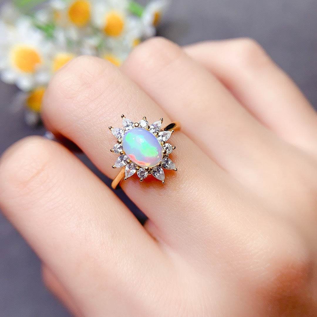 S925 pure silver oval flower natural opal ring - MOWTE