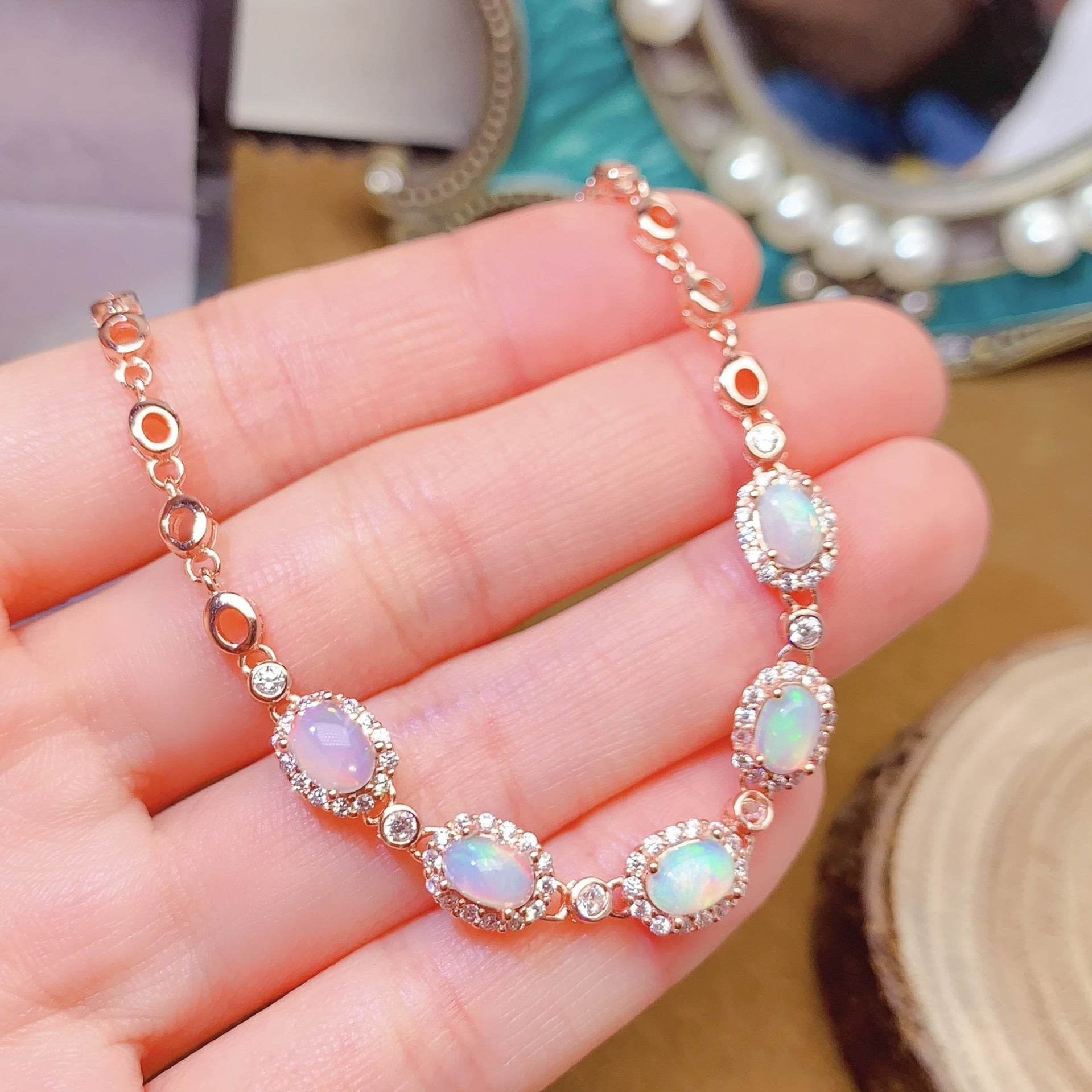 S925 pure silver natural opal oval 4 * 6mm bracelet - MOWTE