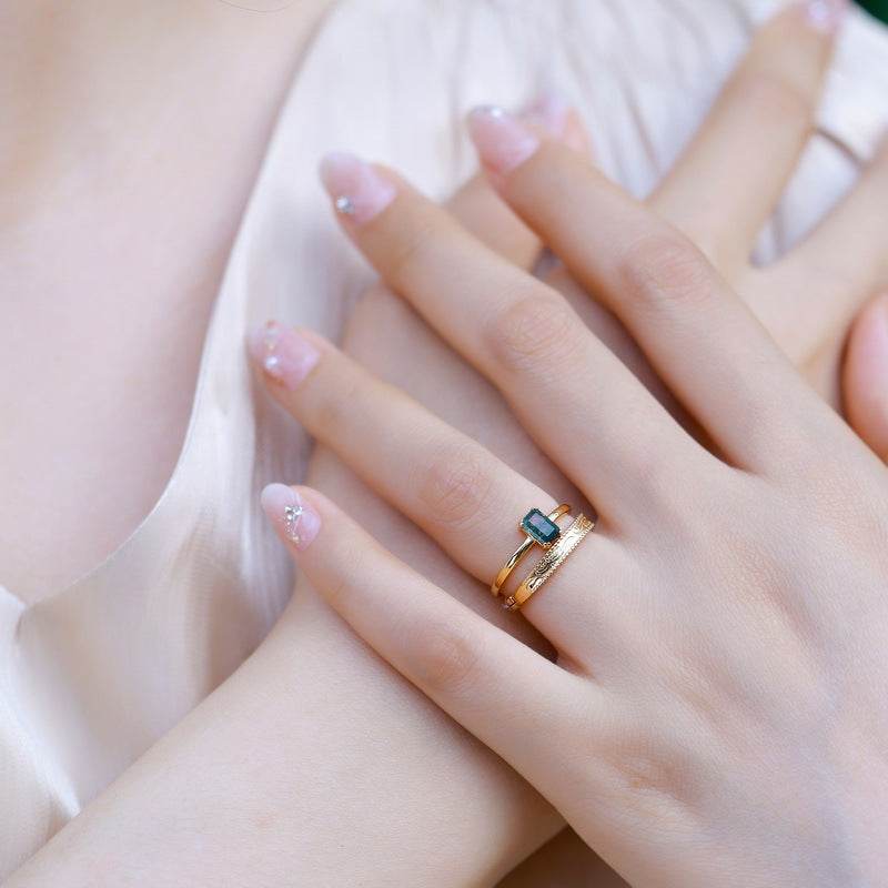 Light Luxury 925 Gold-Plated Green Moss Ring for Women Adjustable Agate Finger Ring with Aquatic Grass Design - MOWTE