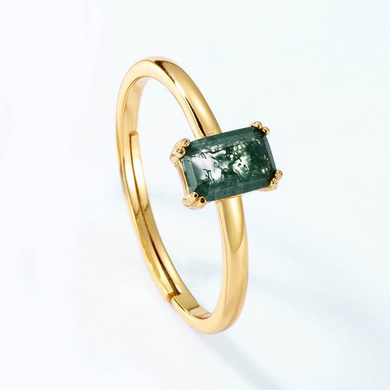 Light Luxury 925 Gold-Plated Green Moss Ring for Women Adjustable Agate Finger Ring with Aquatic Grass Design - MOWTE