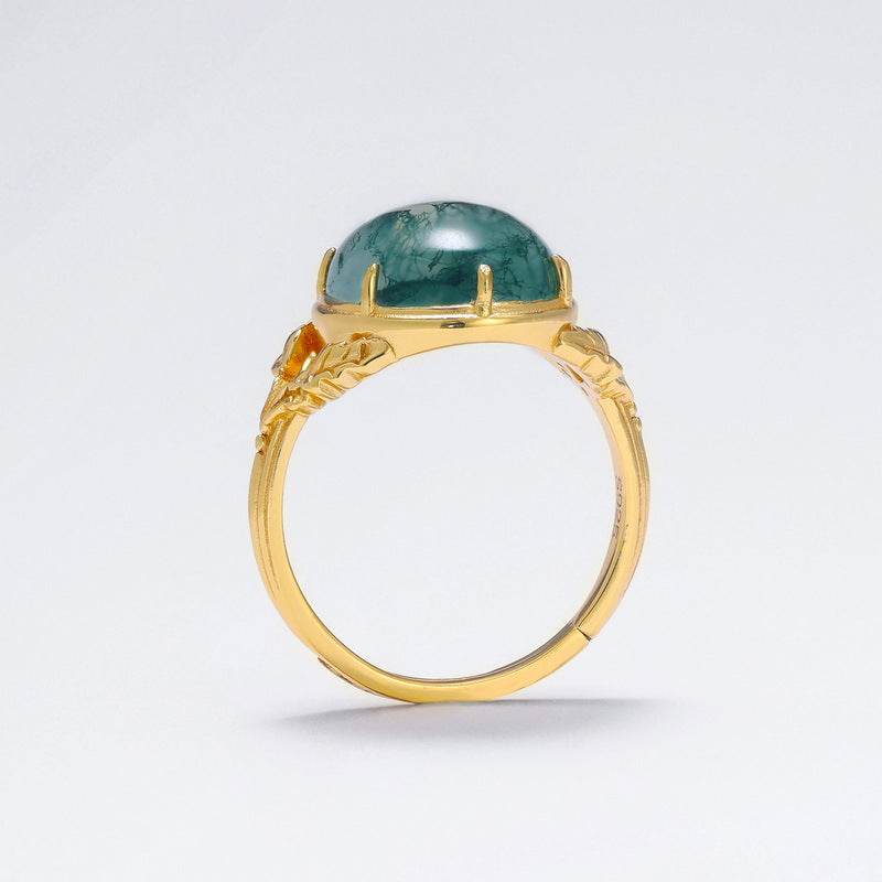 Vintage-style Moss Green Ring – Light Luxury 925 Silver Adjustable Ring with Intricate Engravings - MOWTE