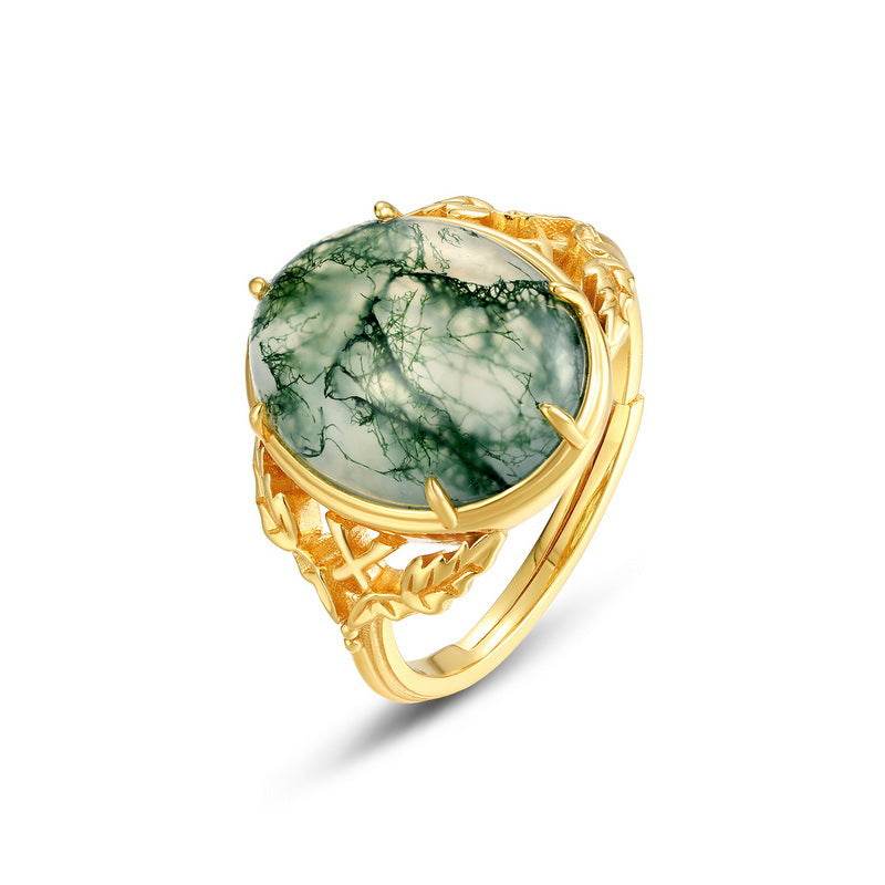 Vintage-style Moss Green Ring – Light Luxury 925 Silver Adjustable Ring with Intricate Engravings - MOWTE