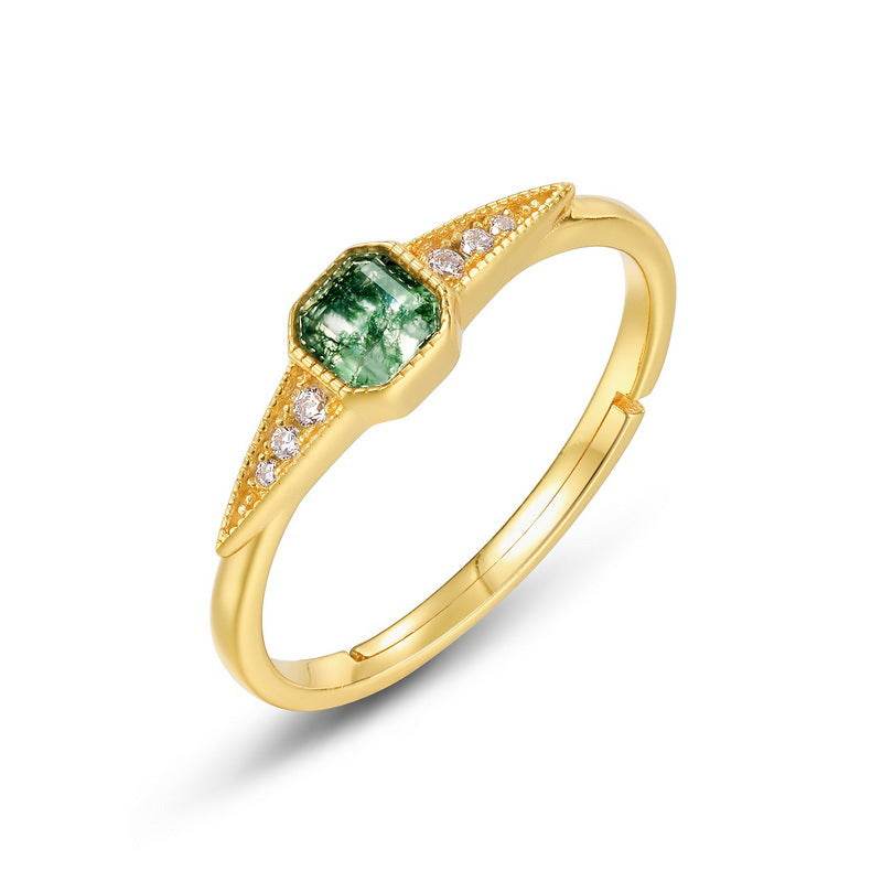 Vintage Luxury Green Moss Ring Palace S925 Pure Silver Water Grass Agate Ring - MOWTE