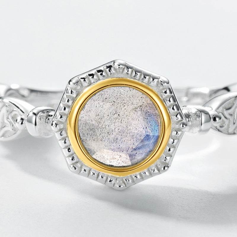 Popular elongated stone ring female artistic retro S925 pure silver gold-plated ring niche design - MOWTE