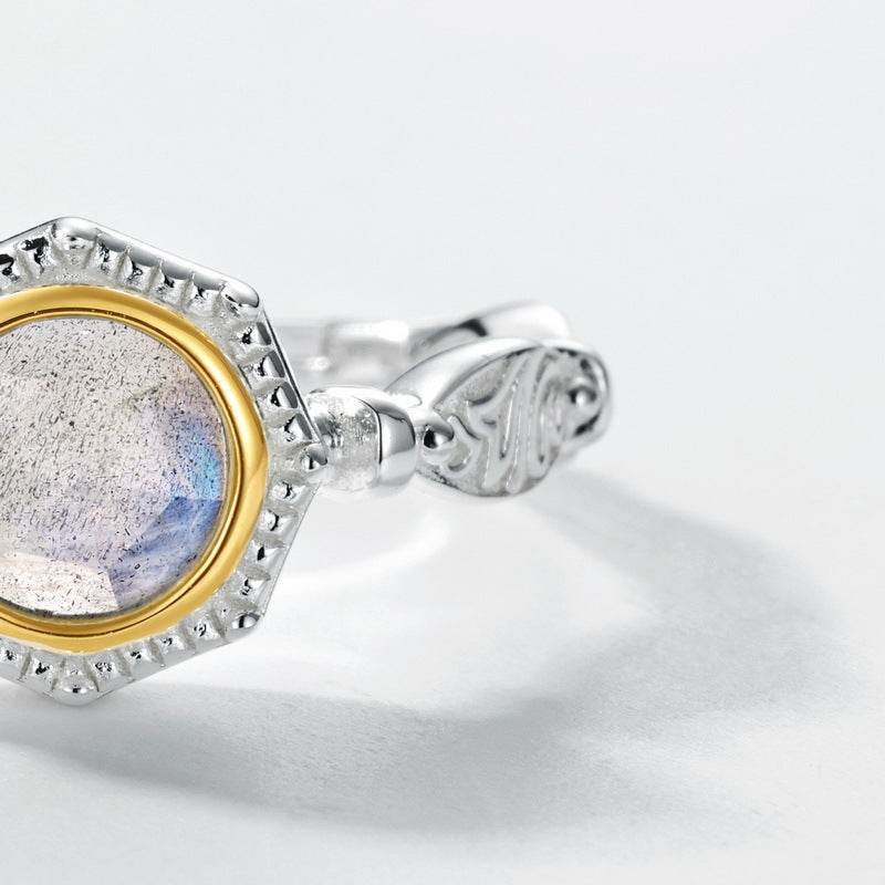 Popular elongated stone ring female artistic retro S925 pure silver gold-plated ring niche design - MOWTE