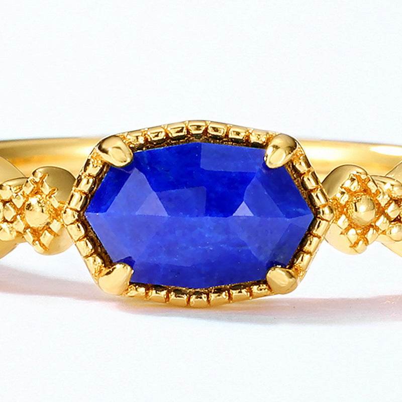Lapis lazuli geometric 925 silver ring for women classic and elegant plated with 10K gold color treasure ring - MOWTE