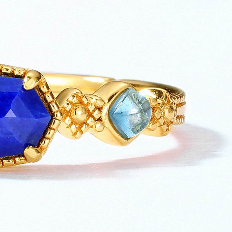Lapis lazuli geometric 925 silver ring for women classic and elegant plated with 10K gold color treasure ring - MOWTE