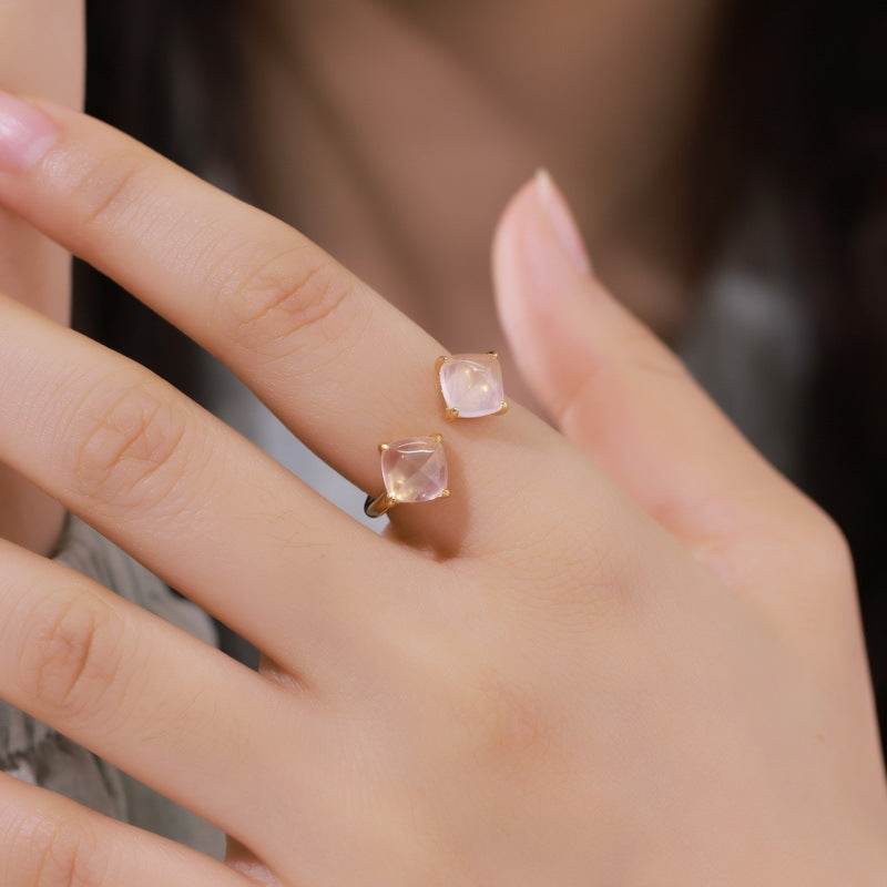 S925 Sterling Silver Rose Quartz Ring for Women Unique Minimalist Elegant Adjustable Open Ring - MOWTE