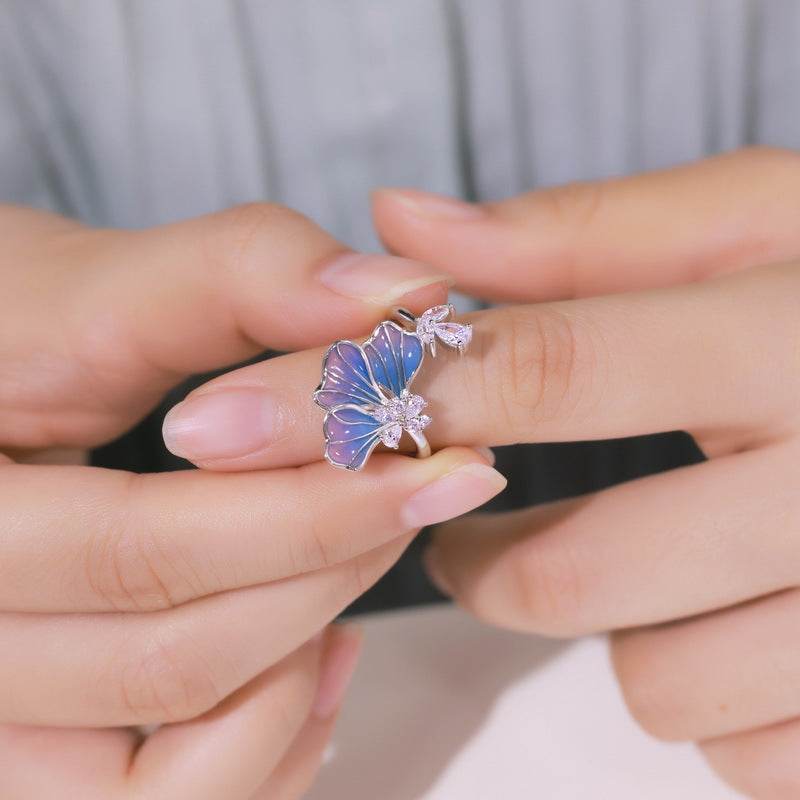Light Luxury Gradual Guilloché Enamel Ring Blue Petal Design Adjustable Open Band for Women Elegant & Versatile - MOWTE