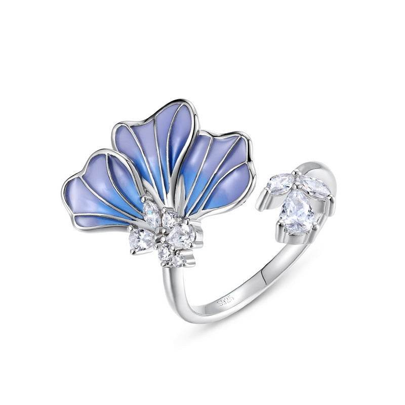 Light Luxury Gradual Guilloché Enamel Ring Blue Petal Design Adjustable Open Band for Women Elegant & Versatile - MOWTE