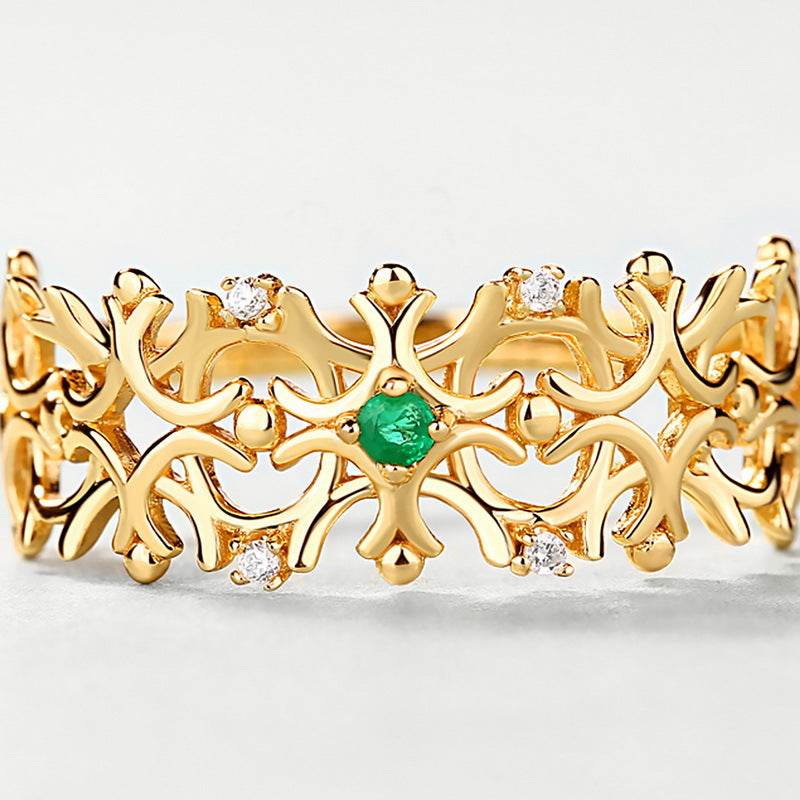 S925 Silver Plated Gold Natural Emerald Retro Hollow Open Ring - MOWTE
