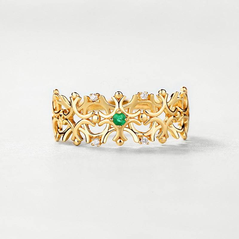 S925 Silver Plated Gold Natural Emerald Retro Hollow Open Ring - MOWTE