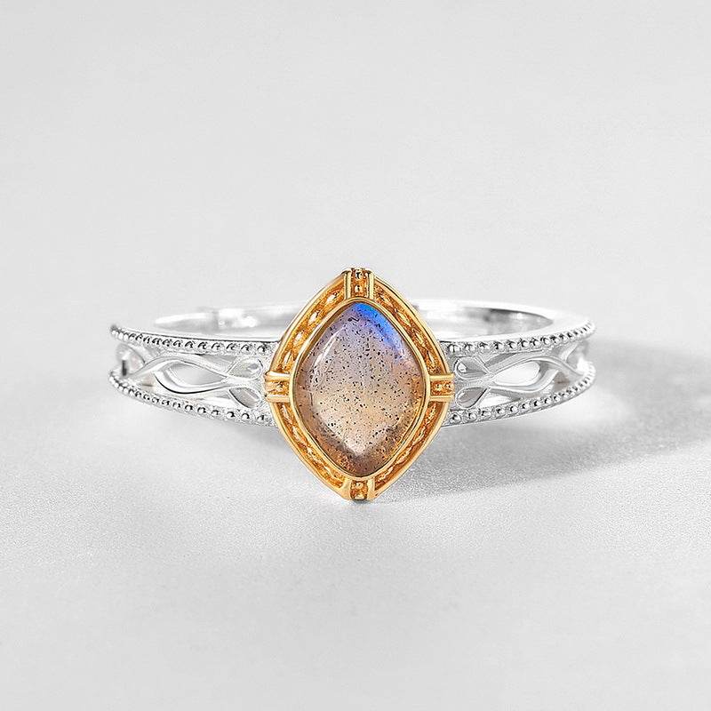 New Trend Labradorite Ring Vintage Openwork Design in S925 Sterling Silver for Women - MOWTE
