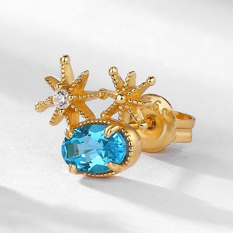 Handcrafted Star Earrings Genuine Swiss Blue Topaz in Gold-Accented Sterling Silver - MOWTE