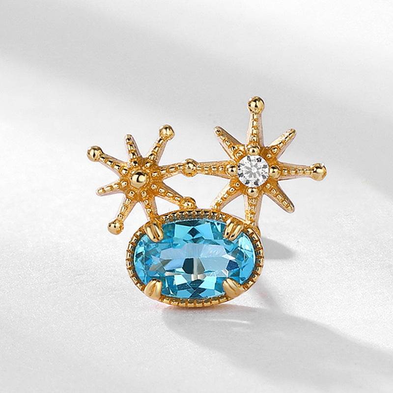 Handcrafted Star Earrings Genuine Swiss Blue Topaz in Gold-Accented Sterling Silver - MOWTE