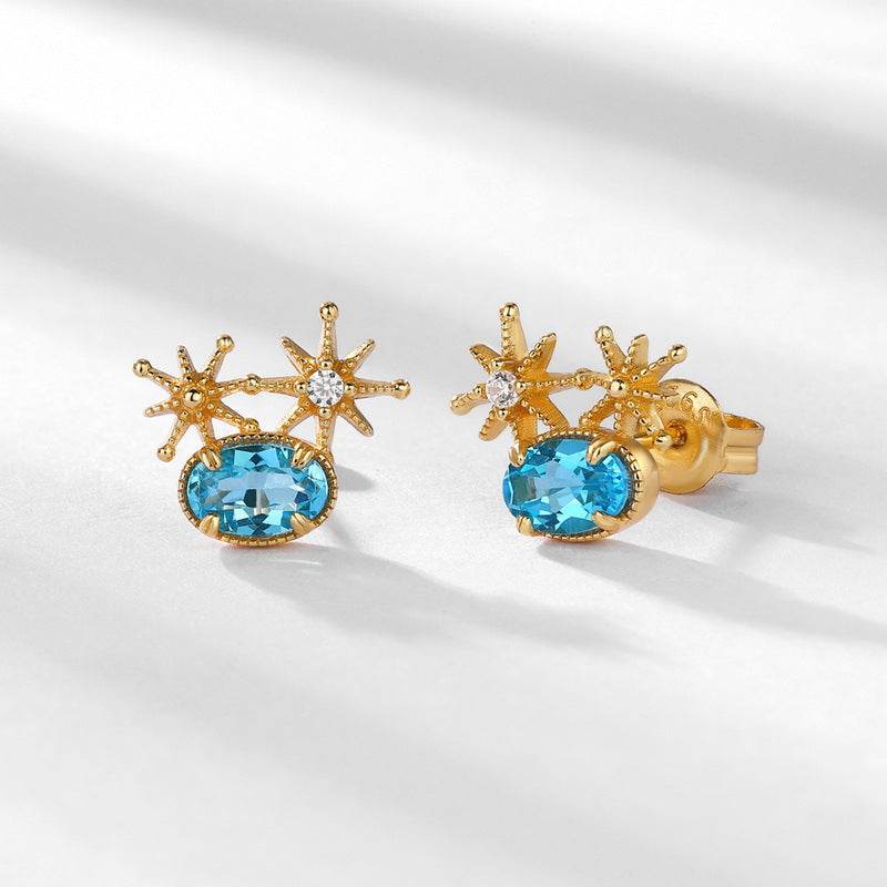Handcrafted Star Earrings Genuine Swiss Blue Topaz in Gold-Accented Sterling Silver - MOWTE