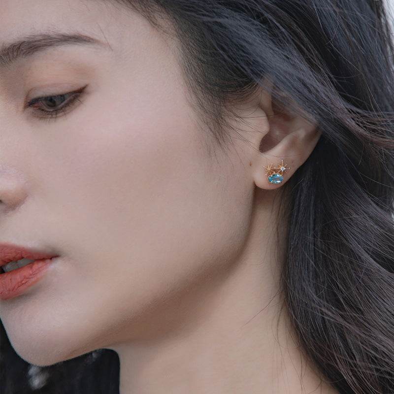 Handcrafted Star Earrings Genuine Swiss Blue Topaz in Gold-Accented Sterling Silver - MOWTE