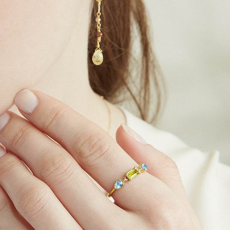 Artisan Geometric Peridot Ring - Handcrafted 925 Silver with 10K Gold Electroplate - MOWTE