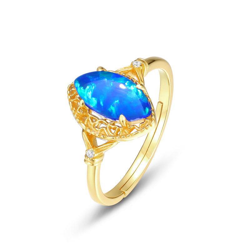 Modern Geometric Opal Band Gold Tone Sterling Silver Stackable Ring - MOWTE