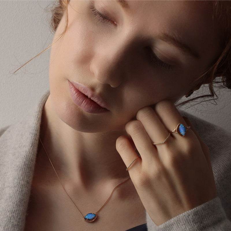 Modern Geometric Opal Band Gold Tone Sterling Silver Stackable Ring - MOWTE