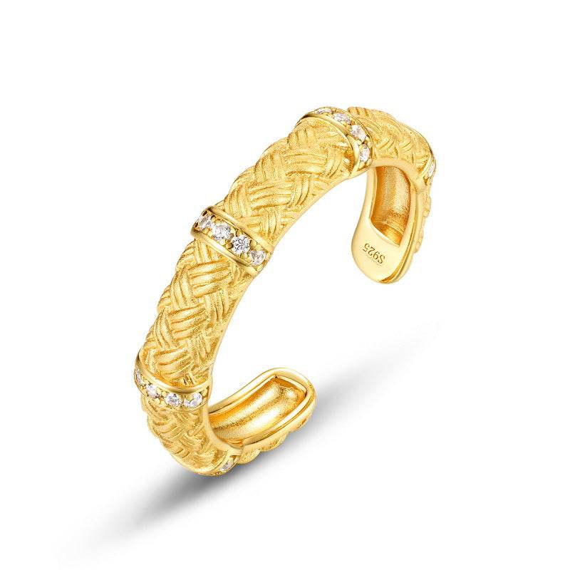 Vintage Handwoven Brushed Ring S925 Gold Plated Sterling Silver Light Luxury Open Band - MOWTE