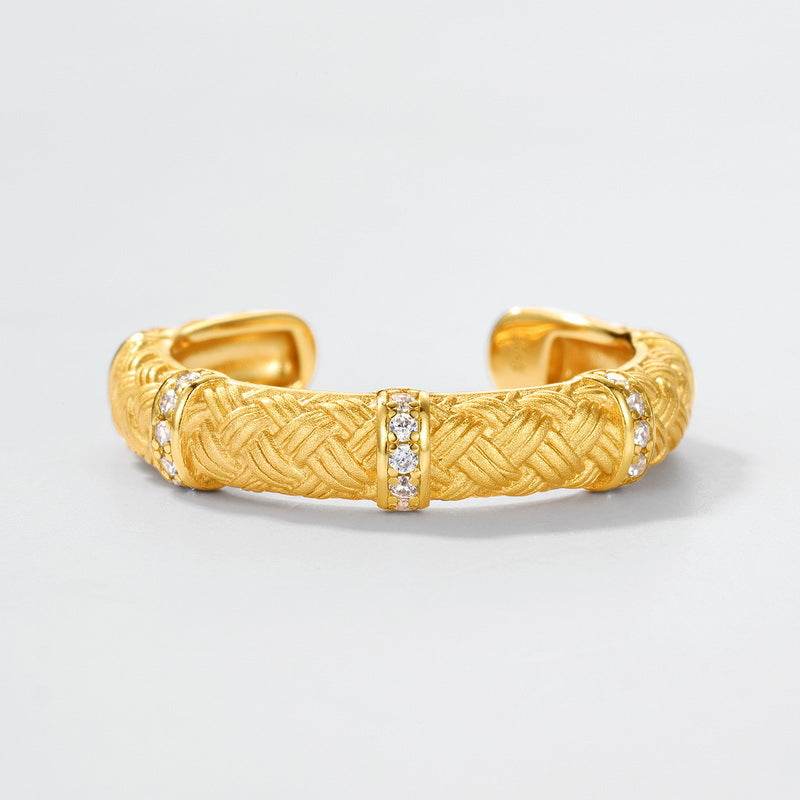Vintage Handwoven Brushed Ring S925 Gold Plated Sterling Silver Light Luxury Open Band - MOWTE