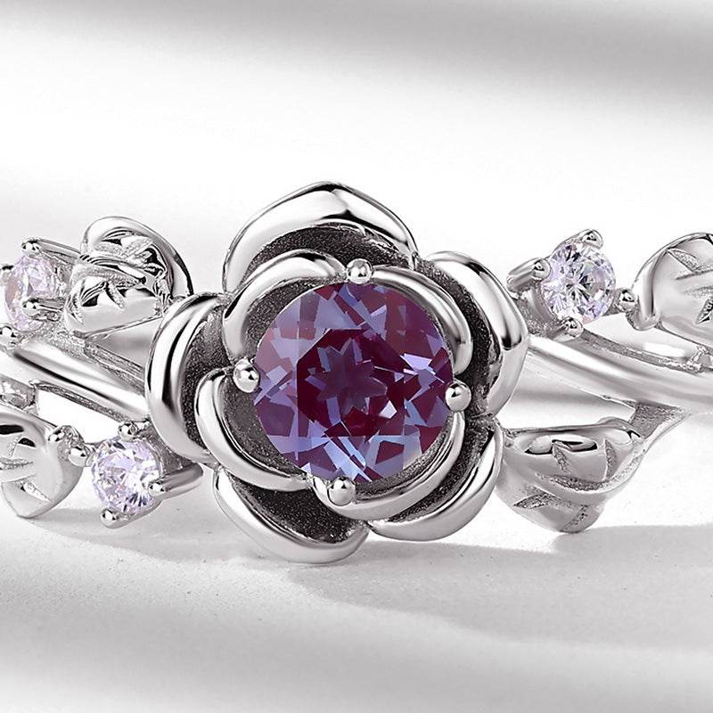 Artisan Alexandrite Rose Ring - Handcrafted 925 Sterling Silver with Color-Shifting Stone - MOWTE